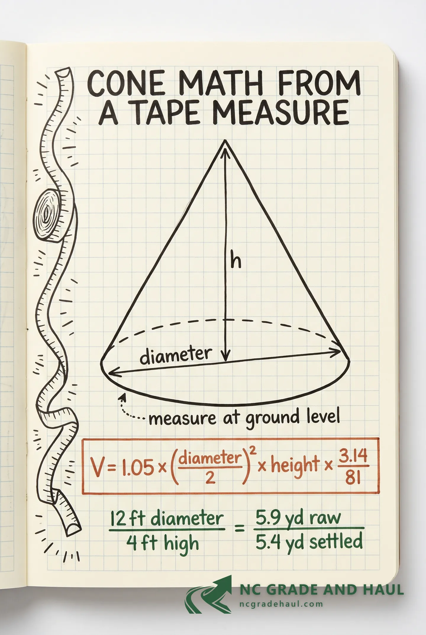 Reference chart showing how to measure a gravel pile's diameter and height with a tape measure and calculate cubic yards using the cone volume formula, for NC homeowners checking a delivery.