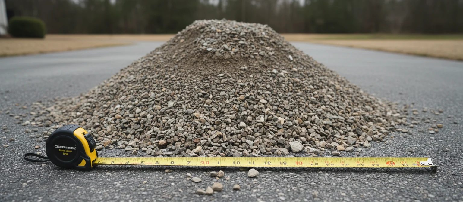 NC gravel pile math tape measure at cone base for cubic yard verification.
