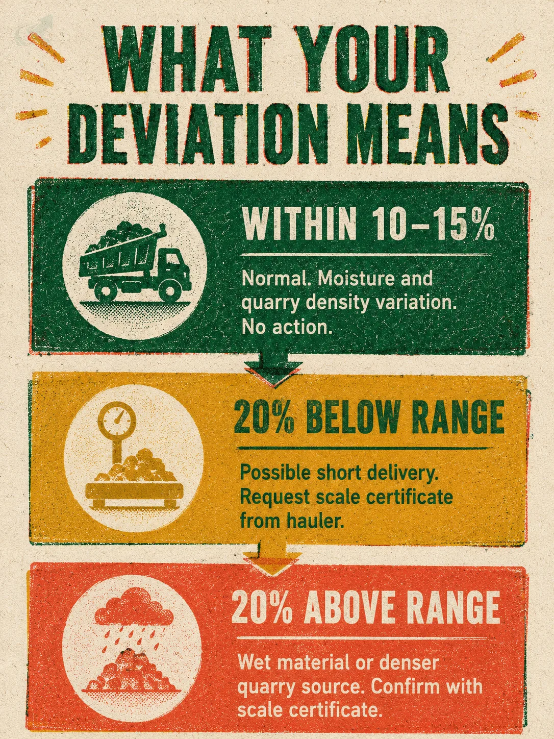 Three-tier hierarchy of delivery ticket deviation thresholds: within 10–15% is normal, 20% below may mean a short delivery, 20% above may mean wet material.