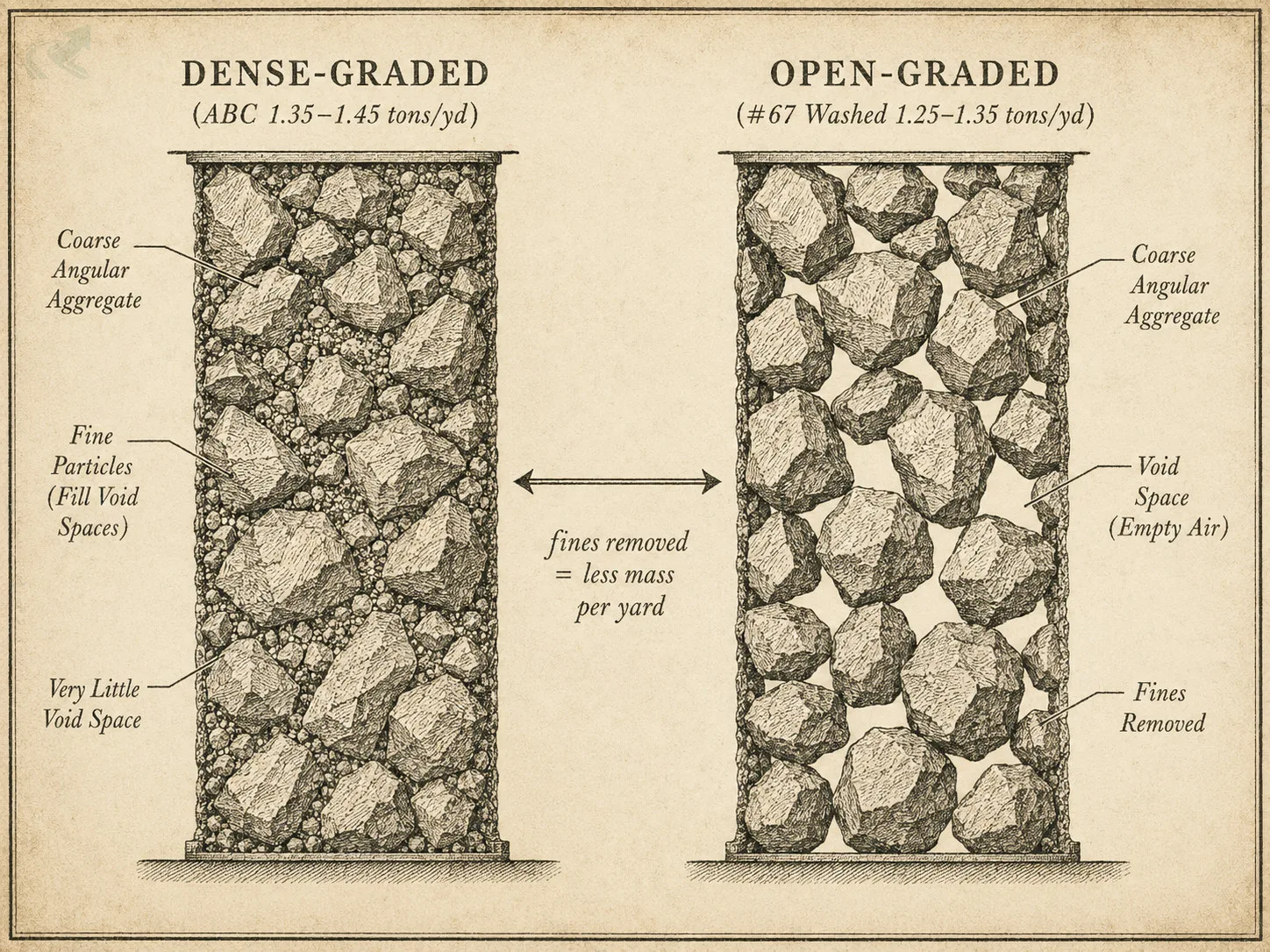 Field-guide cross-section comparing dense-graded ABC aggregate (voids filled with fines, 1.35–1.45 tons/yd) against open-graded #67 washed stone (empty voids, 1.25–1.35 tons/yd).