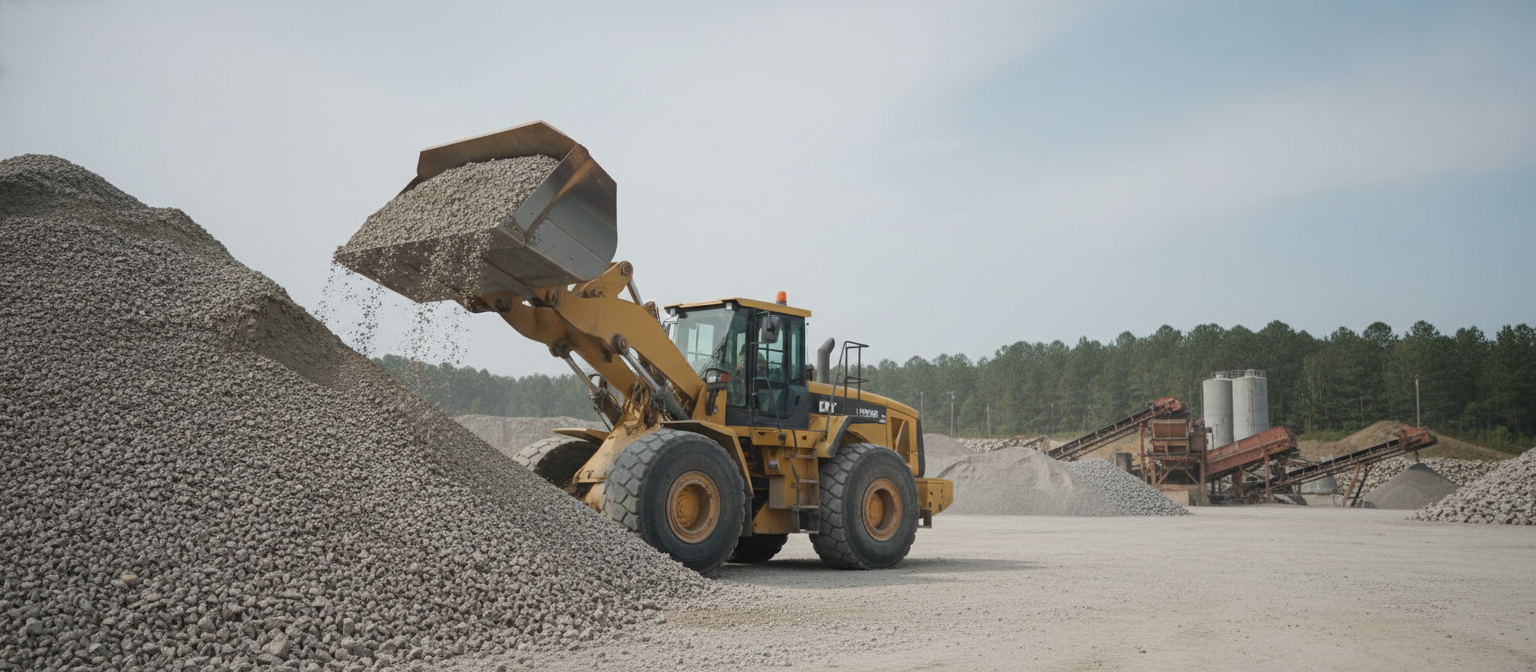 NC ABC gravel weight per yard loader bucket at quarry stockpile for reference.