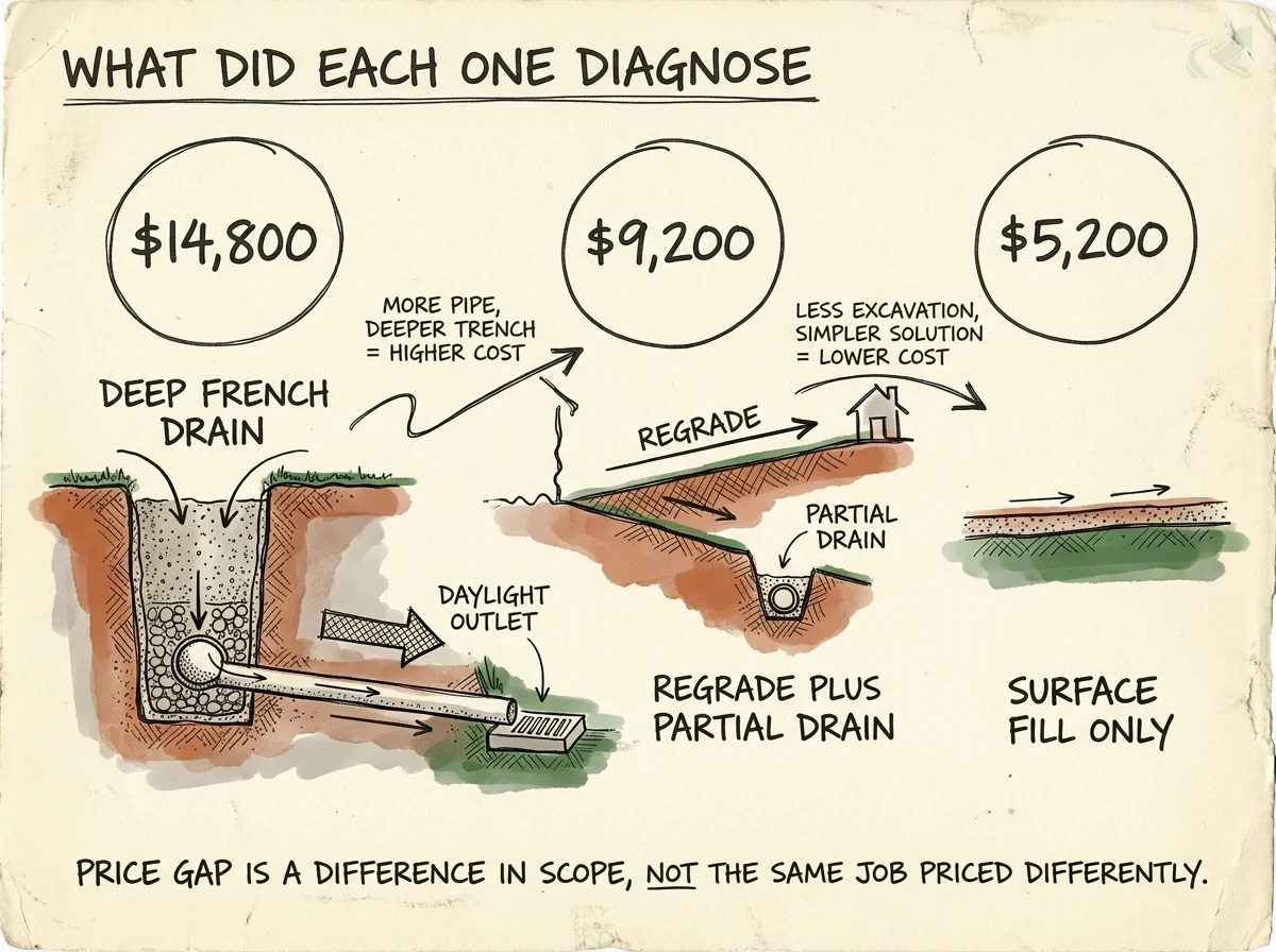 Diagram showing three grading bids and what each contractor diagnosed: the $14,800 bid proposes a deep French drain to daylight, the $9,200 bid proposes regrading plus a partial drain, the $5,200 bid proposes surface fill only; the price gap is a difference in scope, not the same job priced differently.