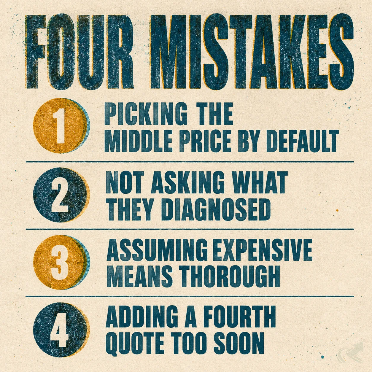 Risograph-style four-item checklist listing the four most common NC grading bid comparison mistakes: picking the middle price by default, not asking what the contractor diagnosed, assuming the expensive quote is the thorough one, and getting a fourth quote before understanding the first three.