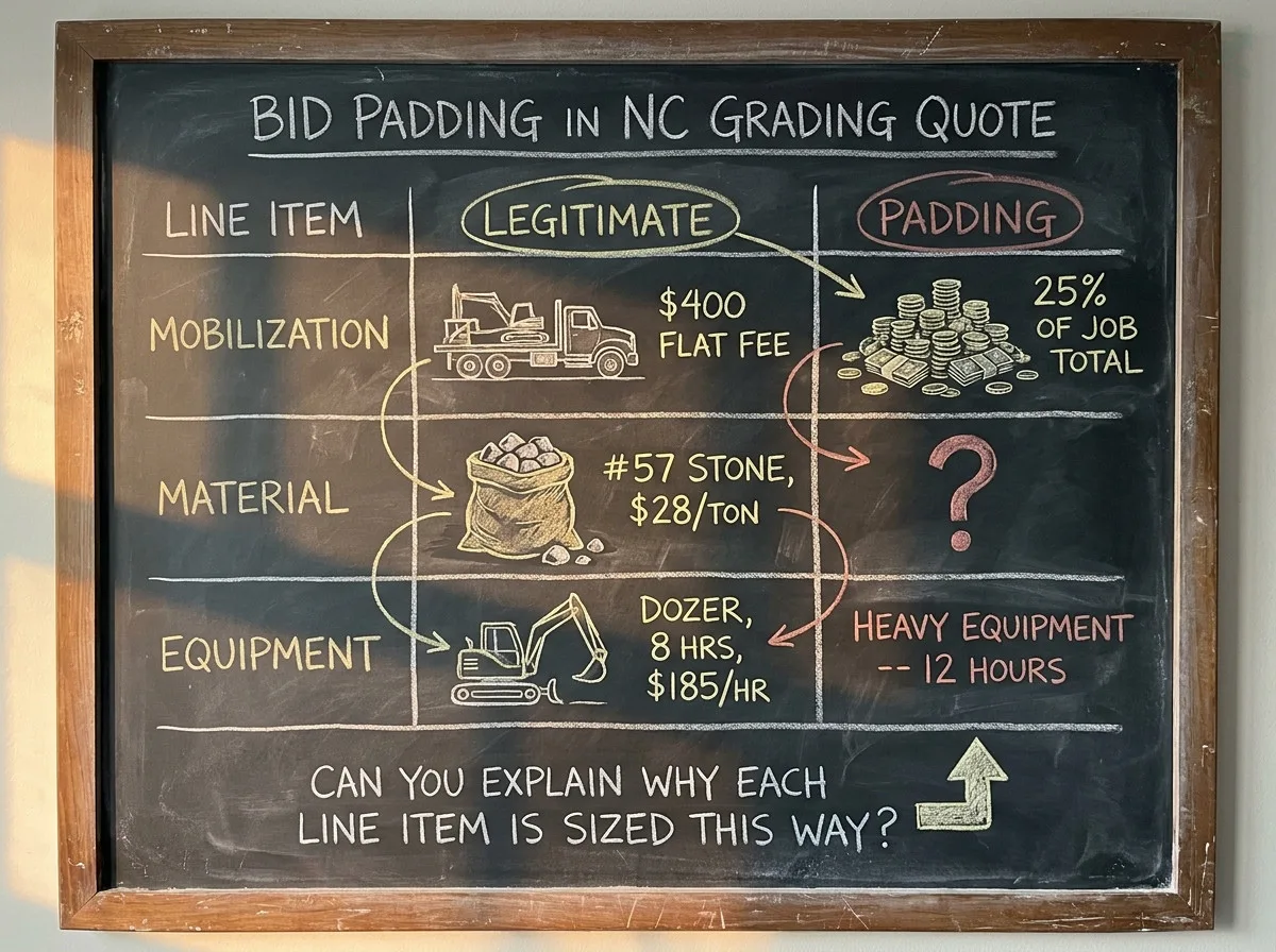 Chalkboard diagram comparing legitimate NC grading bid line items versus padding: mobilization shows $400 flat fee versus 25% of job total; material shows #57 stone at $28/ton versus an unspecified question mark; equipment shows dozer 8 hours at $185/hr versus heavy equipment 12 hours with no machine named; the tiebreaker question reads Can you explain why each line item is sized this way?