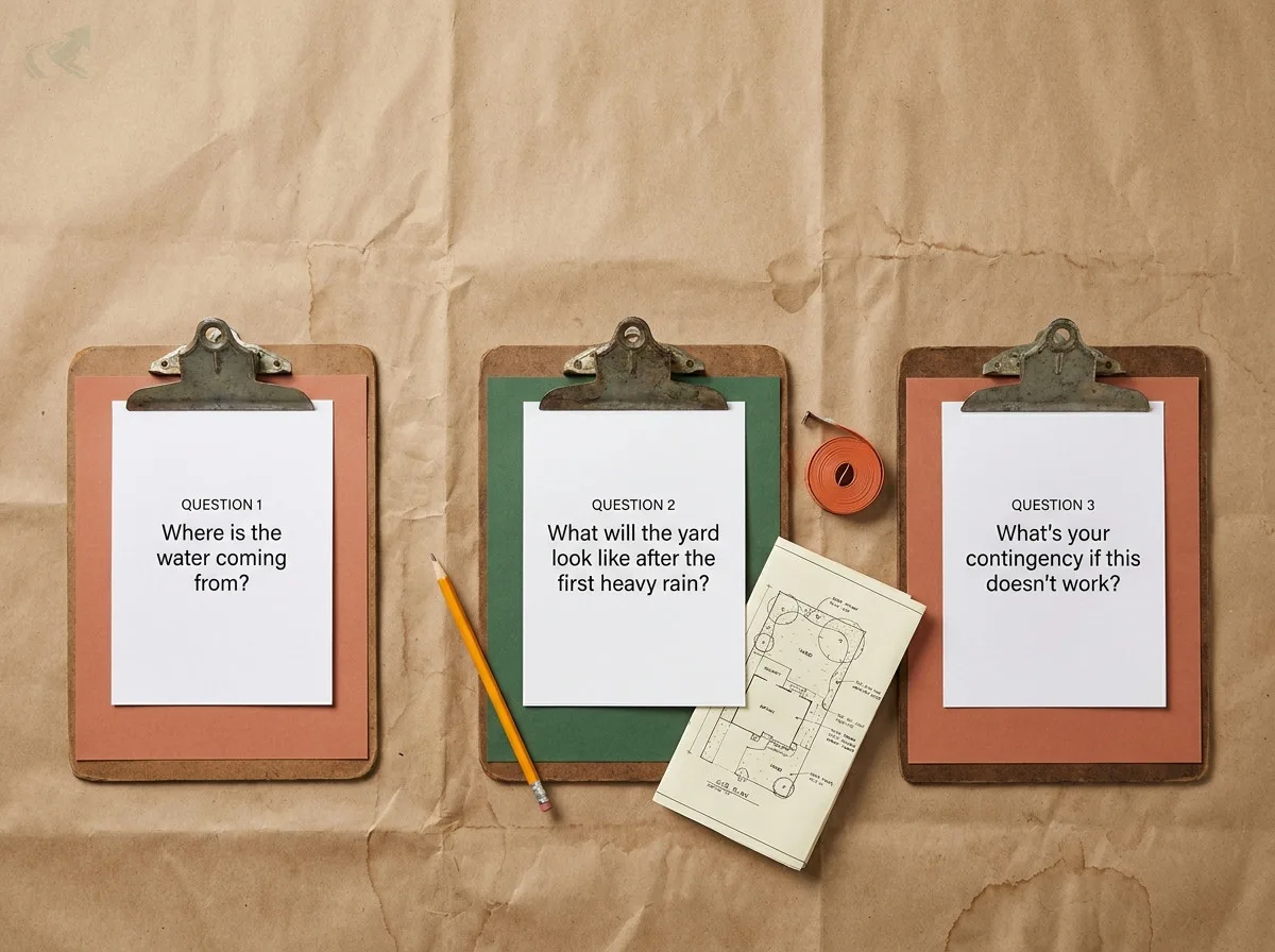 Three contractor clipboards on kraft paper surface, each labeled with one tiebreaker question: Question 1 asks Where is the water coming from, Question 2 asks What will the yard look like after the first heavy rain, Question 3 asks What is your contingency if this does not work; a pencil, tape measure, and site plan rest alongside the clipboards