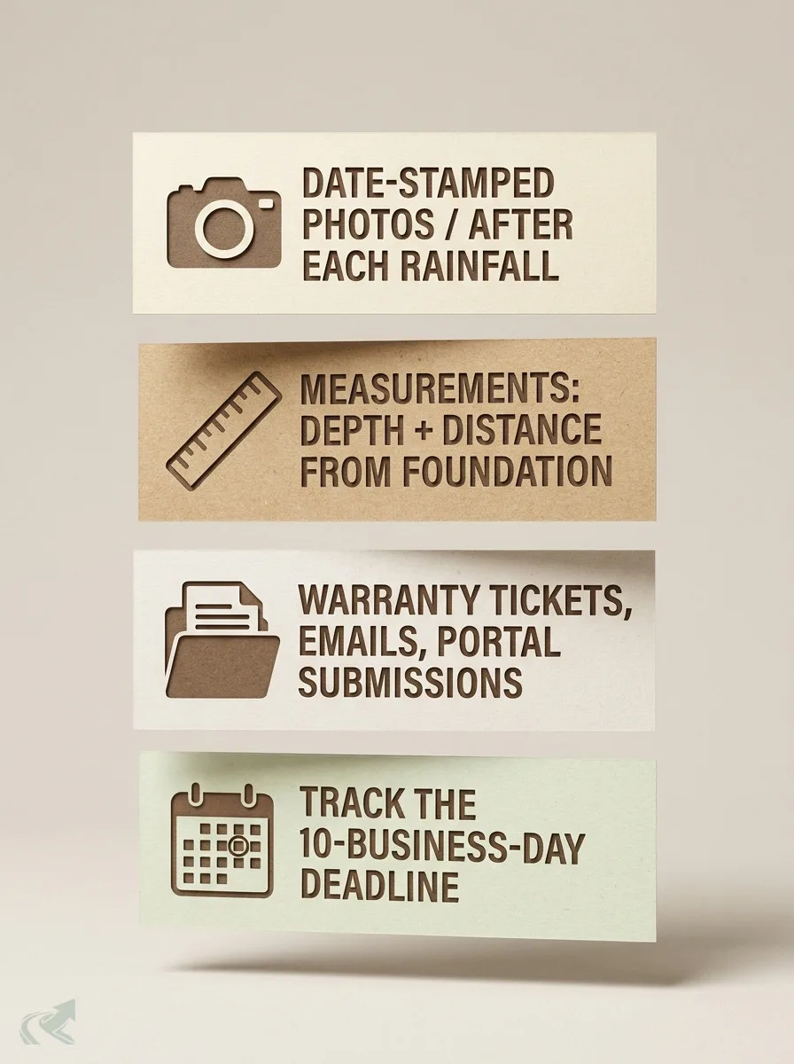 Layered papercraft illustration showing four stacked documentation cards: date-stamped photos after each rainfall, measurements of depth and distance from foundation, warranty tickets and emails in a folder, and tracking the 10-business-day deadline