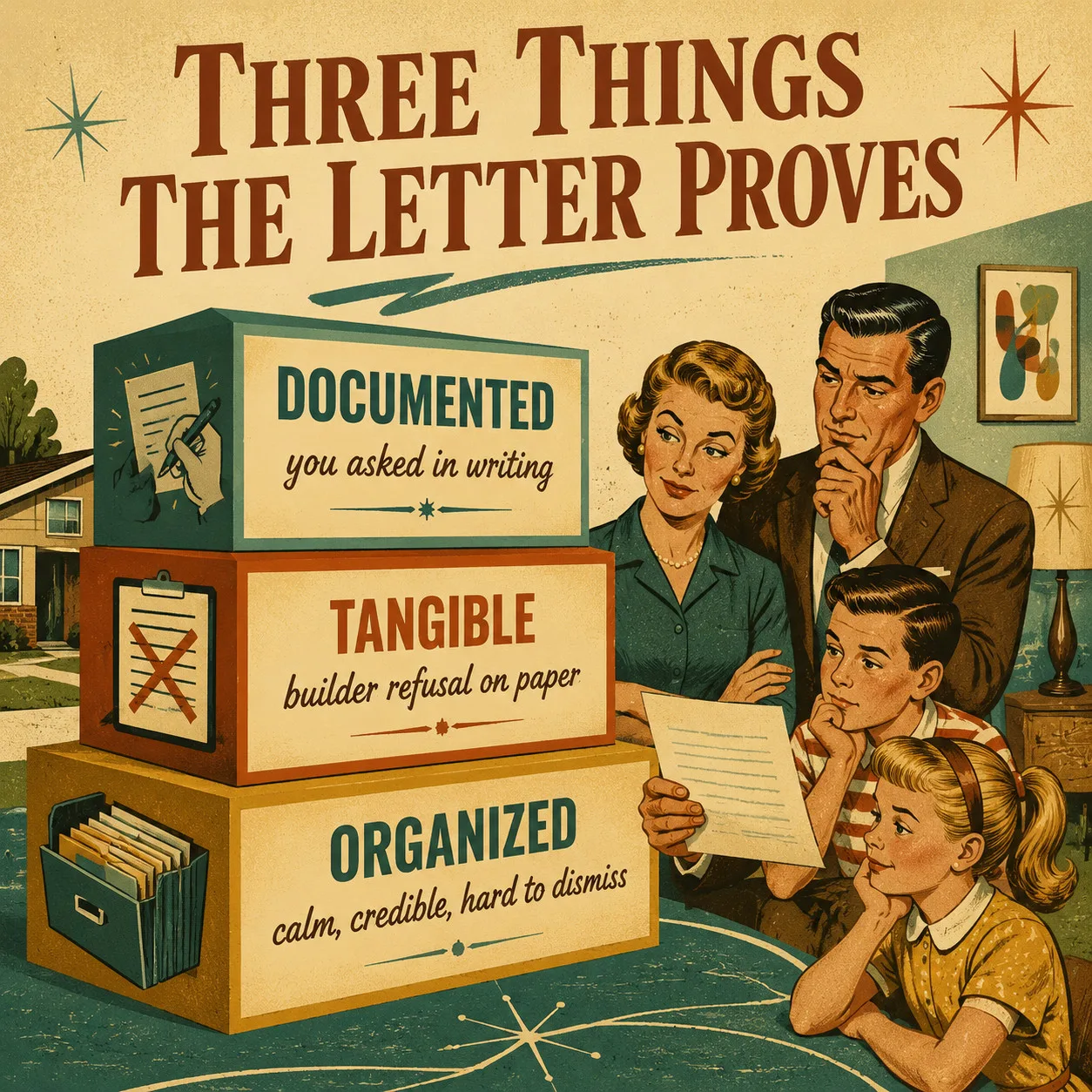 1950s-style mid-century poster showing a three-tier hierarchy of what a builder certification letter proves to skeptical family members: Documented at top meaning you asked in writing, Tangible in the middle meaning the builder's position is on paper, and Organized at the base meaning calm credible documentation that is hard to dismiss