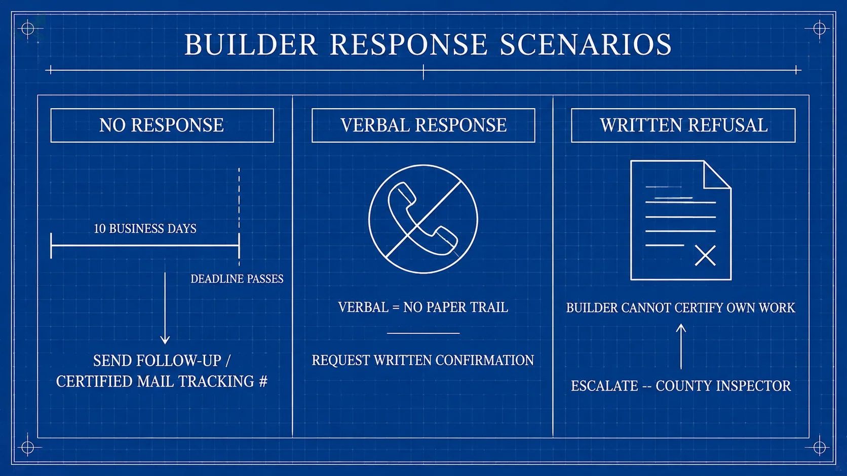 Technical blueprint diagram showing three builder response scenarios side by side: no response with a 10-business-day deadline arrow, verbal response with a struck-through phone icon, and written refusal with an escalation path to county inspector
