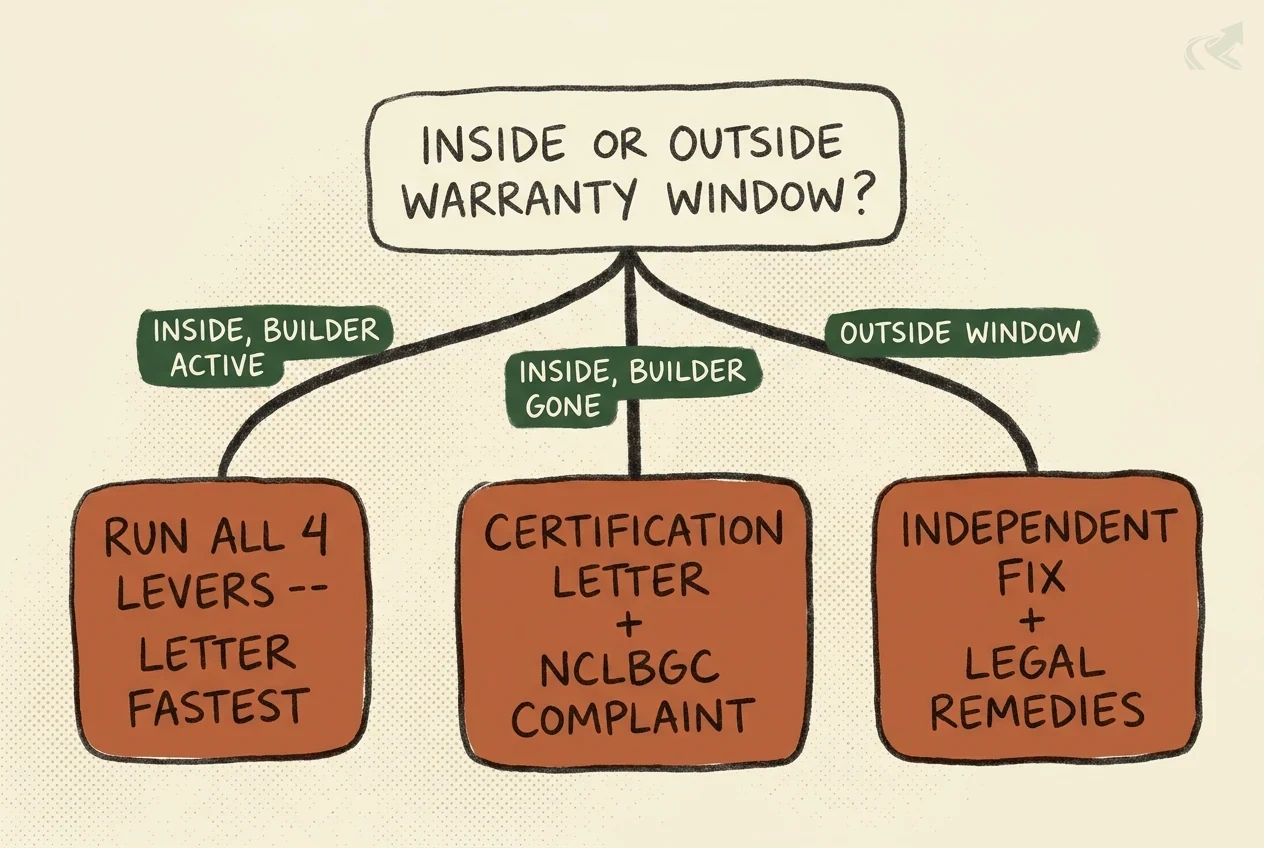 Decision tree diagram: the root question asks whether you are inside or outside the warranty window; the inside-and-builder-active branch leads to running all four levers with the certification letter fastest, the inside-and-builder-gone branch leads to certification letter plus NCLBGC complaint, and the outside-window branch leads to independent fix plus legal remedies.