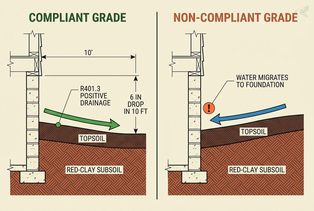 Cross-section schematic comparing compliant and non-compliant final grade at a residential foundation: the left panel shows soil sloping away from the foundation with a 6-inch drop over 10 feet meeting R401.3 positive drainage; the right panel shows soil sloping back toward the foundation with water pooling against the wall.