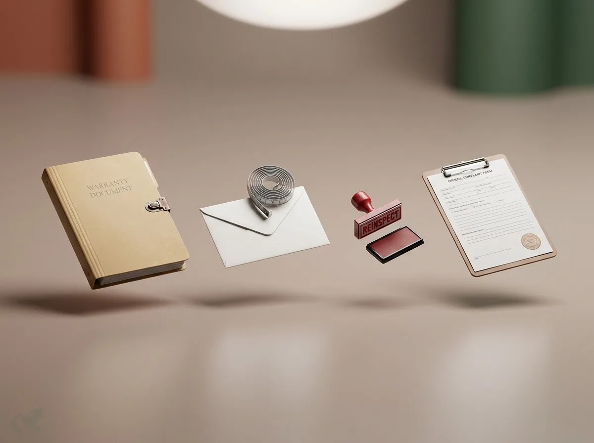 Four enforcement tools floating in studio space: a warranty document folder on the left, a sealed certification letter with a measuring tape, a REINSPECT rubber stamp with ink pad, and an official complaint form on a clipboard -- the four levers a homeowner can run simultaneously against a builder drainage failure