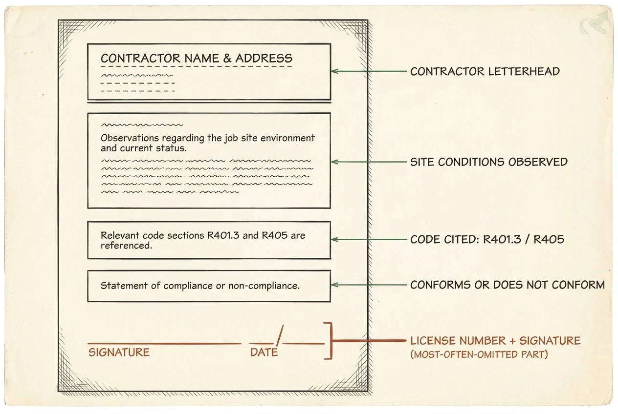 Diagram of a certification letter skeleton showing four labeled blocks from top to bottom: contractor letterhead, site conditions observed, code cited R401.3 and R405, conforms or does not conform, and a license-number-and-signature line marked as the most-often-omitted section.