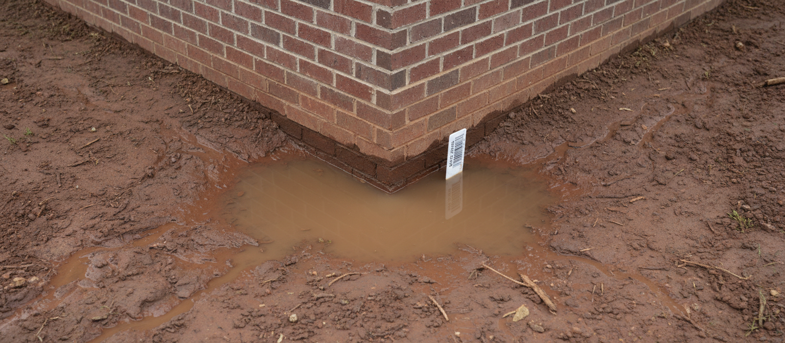 Stormwater pooled against a brick veneer foundation corner of a Triangle NC new-construction home
