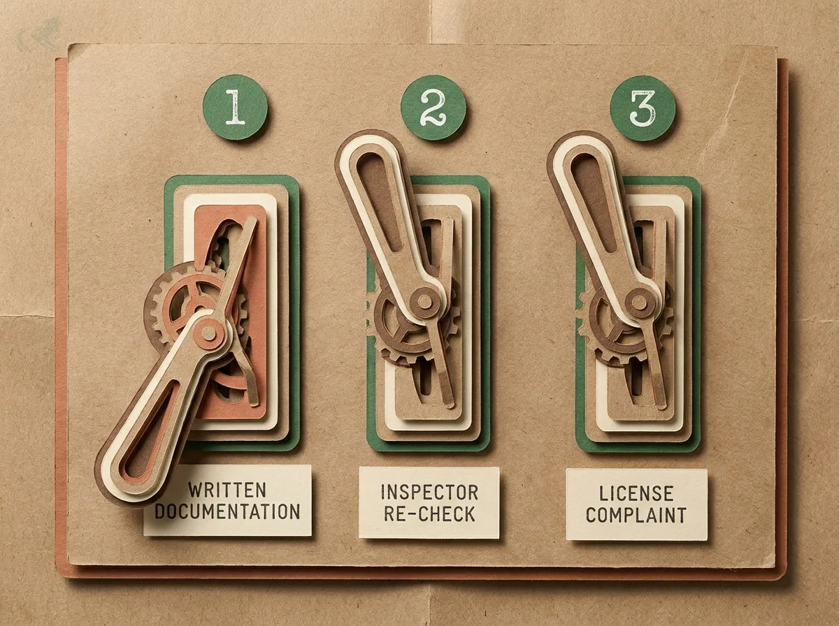 Three generic accountability levers in a layered papercraft style, labeled Written Documentation, Inspector Re-Check, and License Complaint, numbered 1 through 3, with the first lever pulled to the active position