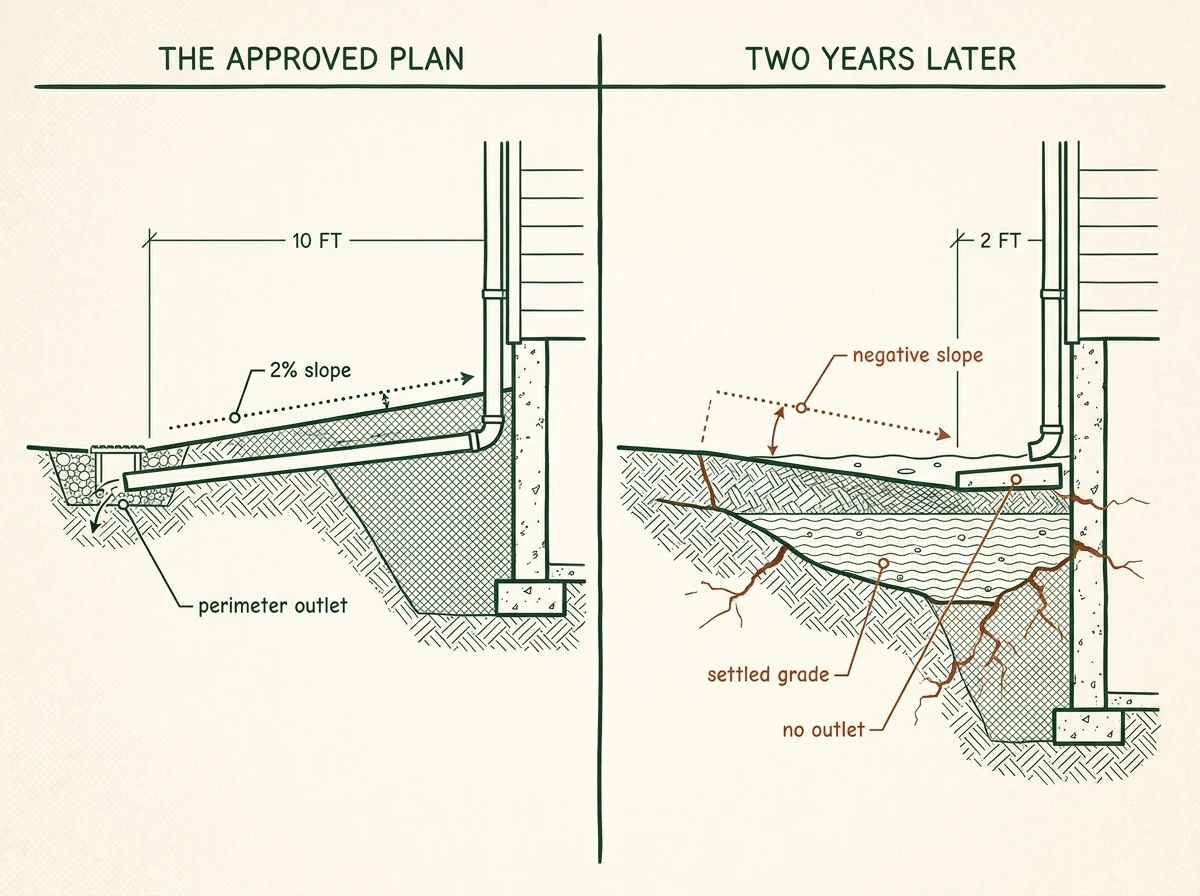 Technical cross-section diagram comparing the approved grading plan (2% slope, perimeter outlet) against field reality two years later (settled grade, standing water against foundation, no outlet).