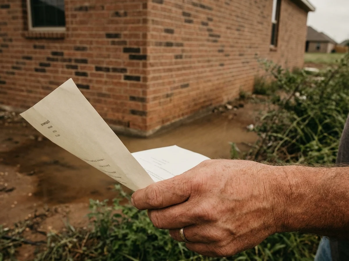 A homeowner holds a printed warranty-request letter in front of a brick-veneer foundation corner with stormwater pooled against the base of the wall.