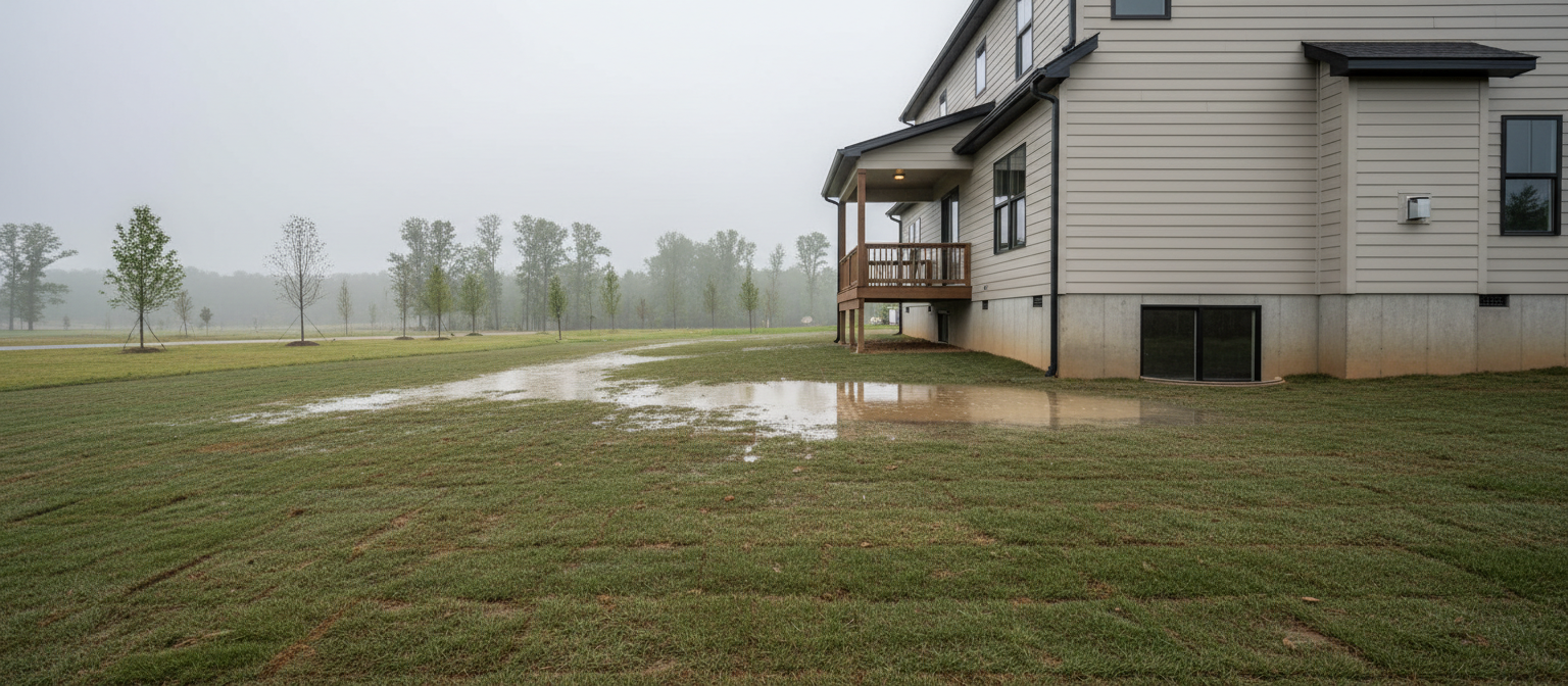 NC builder accountability: standing water pooling against new home foundation after rain