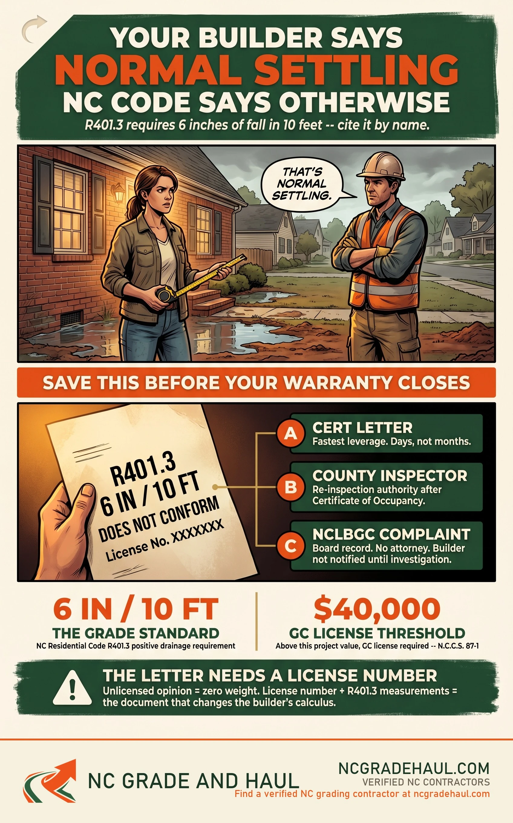 How to hold your NC builder accountable for drainage - NC Grade and Haul infographic.