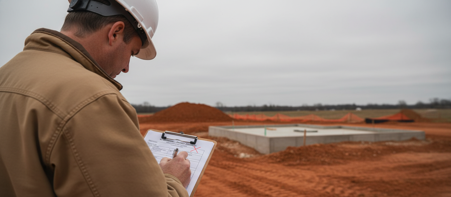NC county inspector marking drainage compliance form at new-build dispute site