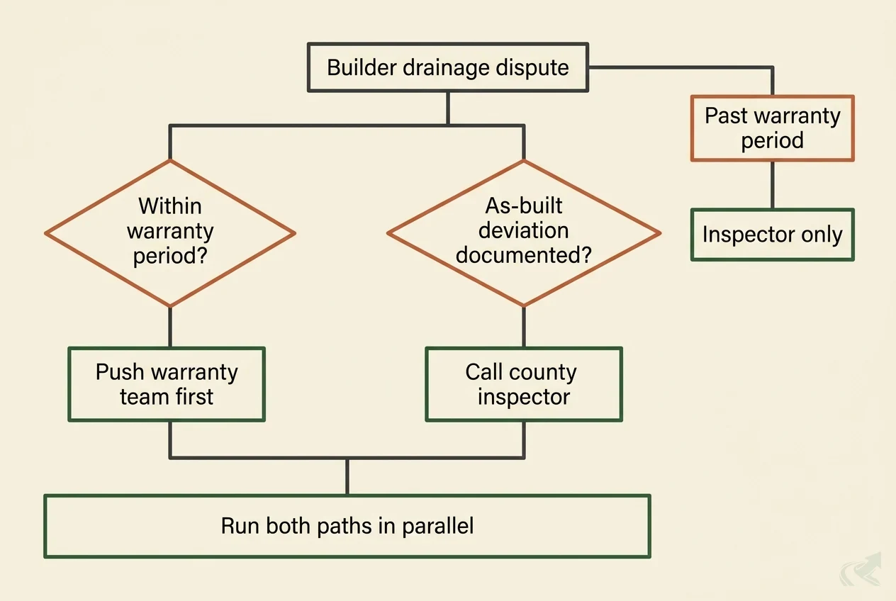 Diagram showing the two NC builder drainage dispute paths: a 'Within warranty period' branch leads to pushing the warranty team first, an 'As-built deviation documented' branch leads to calling the county inspector, both conditions together lead to running both paths in parallel, and a past-warranty-period branch leads to an inspector-only path.