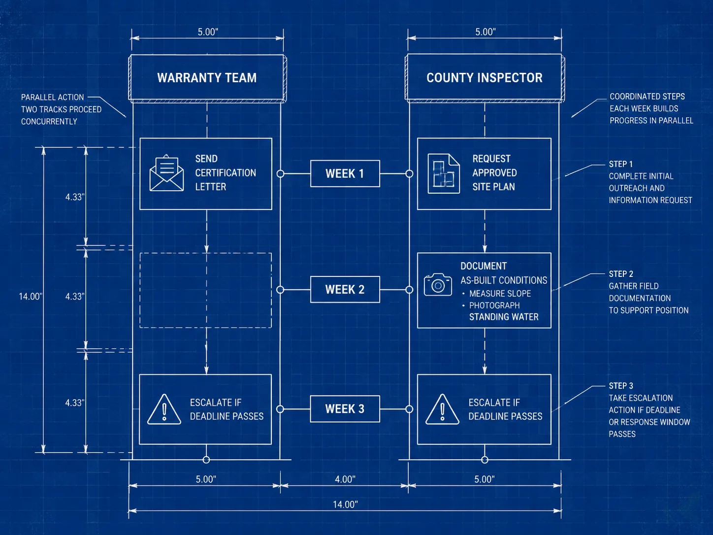 Technical blueprint diagram showing two parallel three-week tracks -- WARRANTY TEAM and COUNTY INSPECTOR -- with Week 1: send certification letter and request approved site plan; Week 2: document as-built conditions; Week 3: escalate if deadline passes on both tracks simultaneously