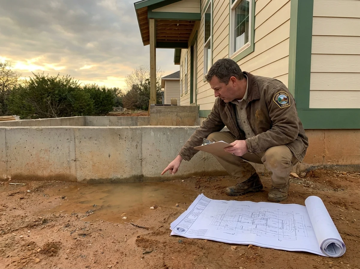 County building inspector crouching at a residential foundation edge, pointing to water pooled against the concrete, with a printed site plan spread on the ground beside him -- comparing as-built conditions to the approved grading plan.