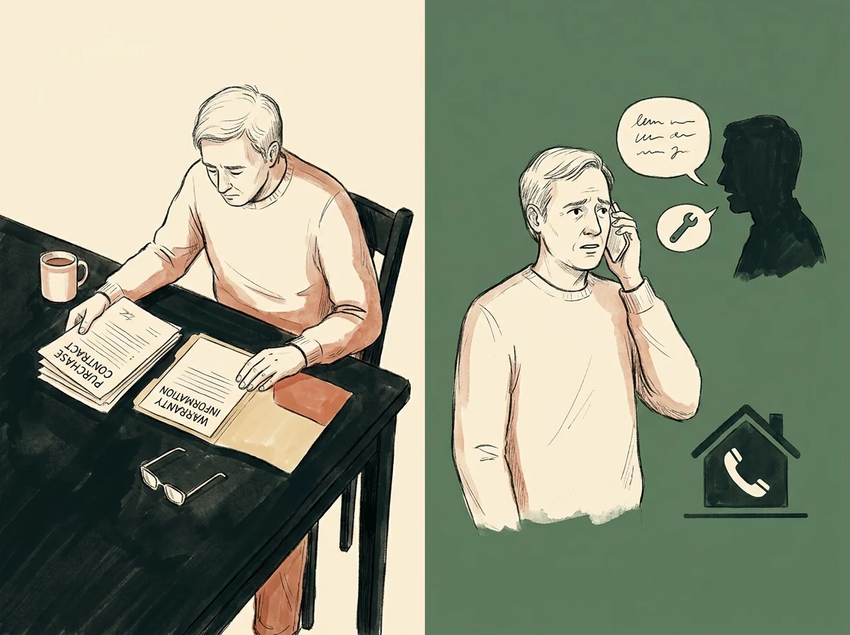 Split-panel illustration: left panel shows a homeowner at a kitchen table reviewing a purchase contract and warranty information documents; right panel shows the same homeowner on the phone, frustrated, while a warranty rep's silhouette appears on the green background.