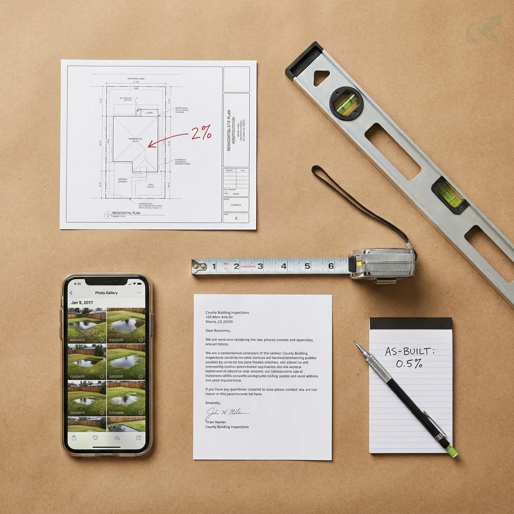 Top-down flat-lay of a homeowner's grading re-inspection evidence package -- a site plan marked 2%, a spirit level, a tape measure, date-stamped standing-water photos on a phone, a letter to County Building Inspections, and a notepad reading AS-BUILT: 0.5%