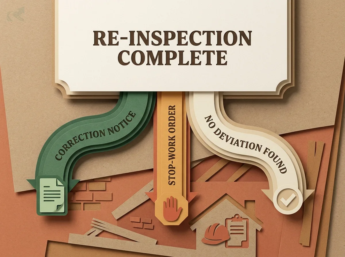 Papercraft diagram showing three outcome paths from a re-inspection complete event -- Correction Notice flowing left with a document icon, Stop-Work Order in amber at center with a stop-hand icon, No Deviation Found flowing right with a checkmark