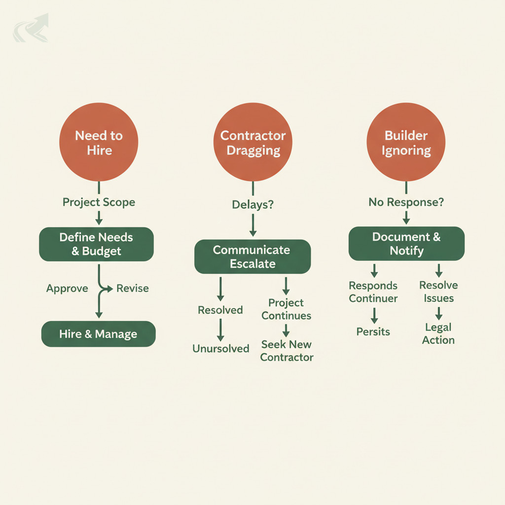Decision tree with three hiring situations: Need to Hire leads to contractor vetting, Contractor Dragging leads to communication and escalation steps, Builder Ignoring leads to documentation and dispute resolution