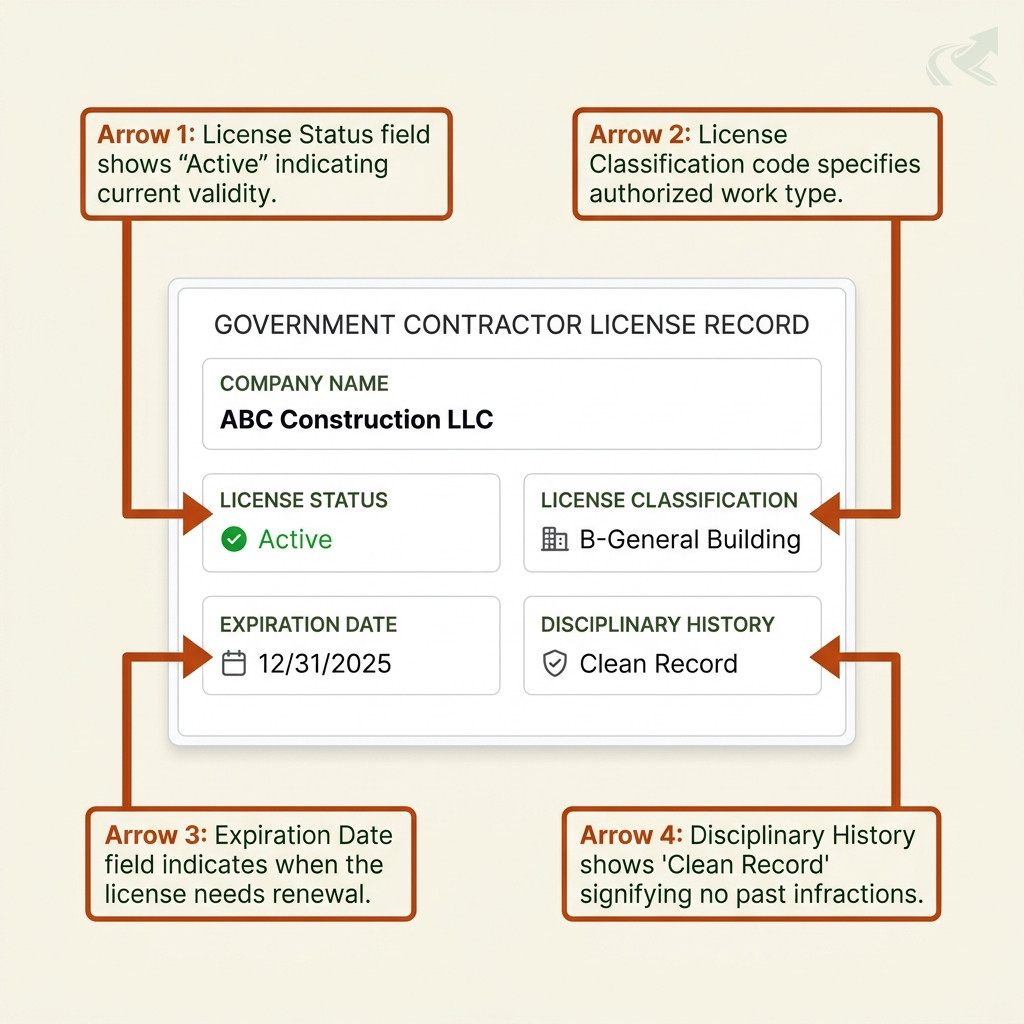 Annotated North Carolina contractor license record showing four key fields with callout arrows: License Status showing Active, License Classification code, Expiration Date, and Disciplinary History showing clean record. Fake company name ABC Construction LLC.