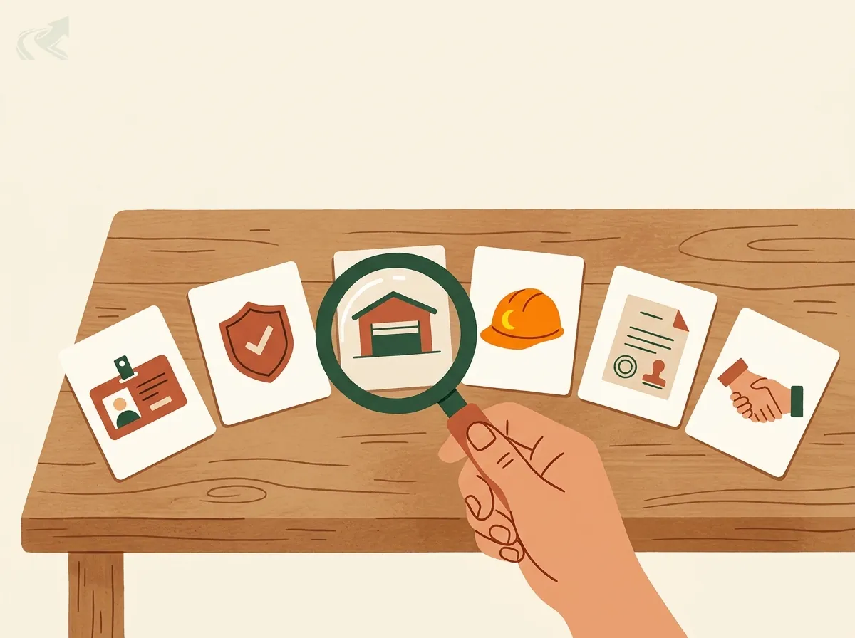 Six cards fanned across a kitchen table, each with a simple icon: an ID badge, a shield, a building, a hard hat, a stamped permit and a handshake, with a hand holding a magnifying glass over one of them.