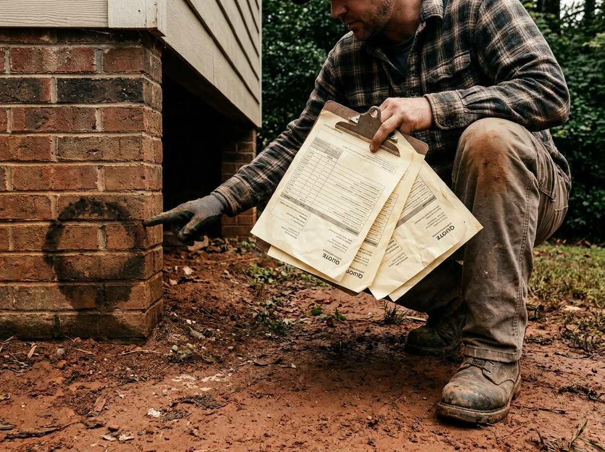 Contractor kneeling at the low corner of a Piedmont clay yard, pointing at a standing-water stain ring on the foundation while holding three quote printouts on a clipboard.