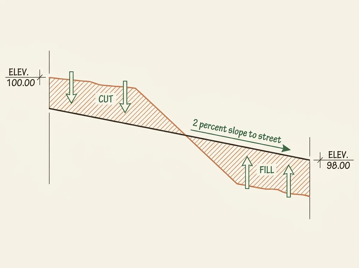 Schematic cross-section of a yard showing cut at the high point and fill at the low corner, with elevation markers and a 2% slope arrow pointing toward the street.