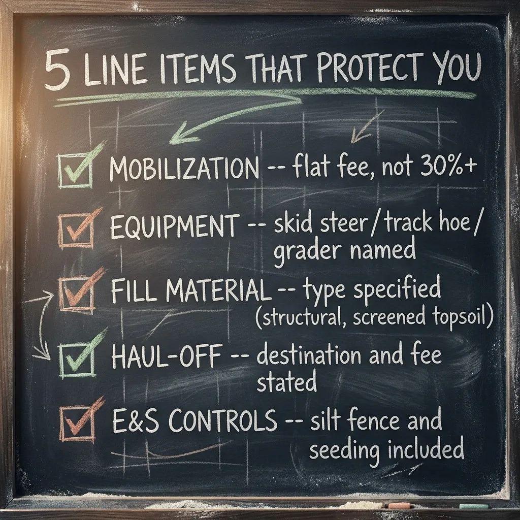 Chalkboard checklist of five line items every grading quote must name -- Mobilization flat fee, Equipment named, Fill Material type specified, Haul-Off destination stated, E&S Controls included