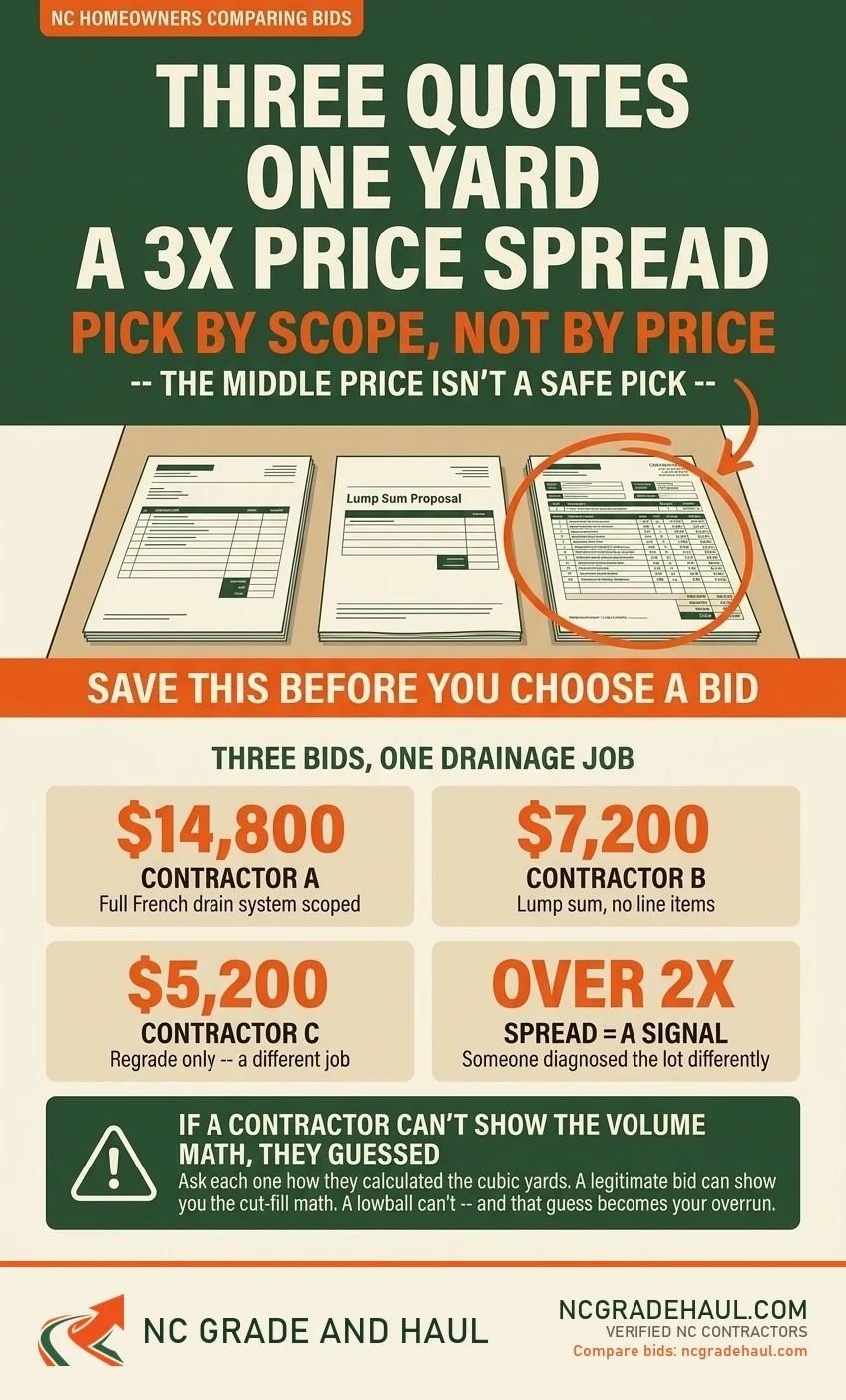 NC grading quote evaluation infographic: three quotes, one yard, a 3x price spread -- Contractor A at $14,800 scoped a full French drain, Contractor B at $7,200 is a lump sum with no line items, Contractor C at $5,200 is regrade only. A spread over 2x is a signal that someone diagnosed the lot differently.