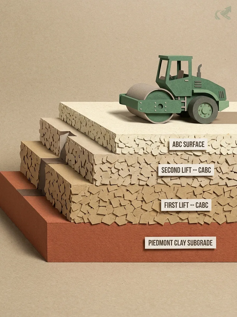 Papercraft cross-section showing three compaction lifts -- CABC first lift, CABC second lift, ABC surface -- stacked as paper strata over Piedmont clay subgrade, with a drum roller on top