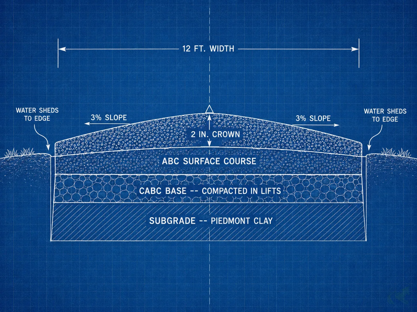 Blueprint cross-section of a gravel driveway showing 2-inch crown at centerline, 3% slope to each edge, ABC surface course over CABC base compacted in lifts over Piedmont clay subgrade, with water-sheds-to-edge arrows