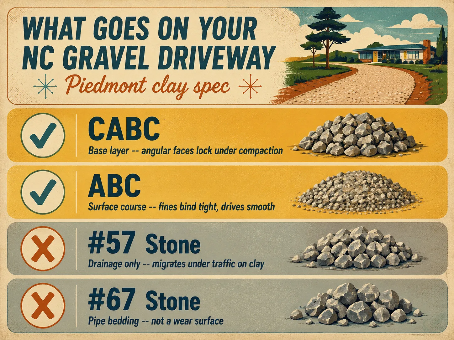 1950s-style illustrated checklist of NC driveway aggregate types: CABC and ABC marked correct for base and surface on Piedmont clay; #57 and #67 stone marked drainage-only, not a primary wear surface