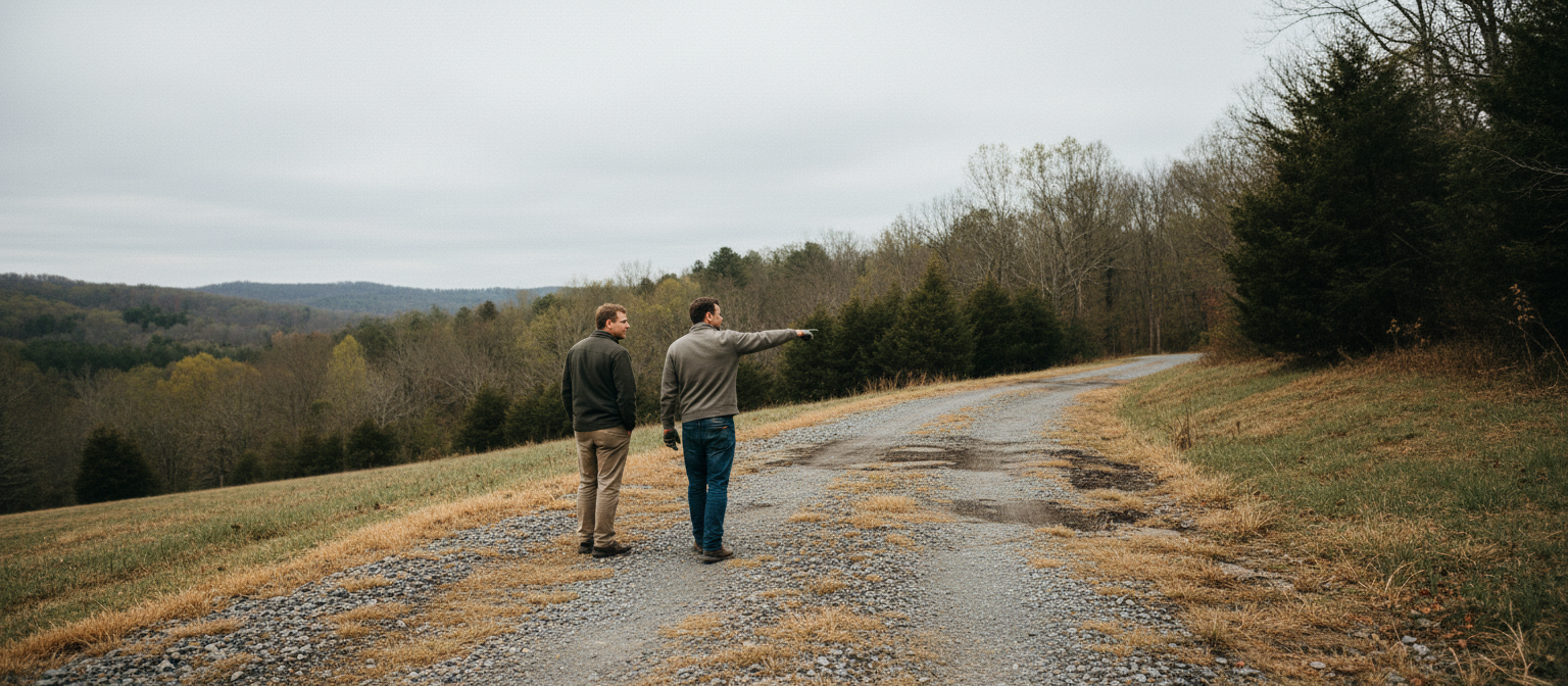 NC driveway grading contractor walks gravel driveway with homeowner pointing at drainage issues