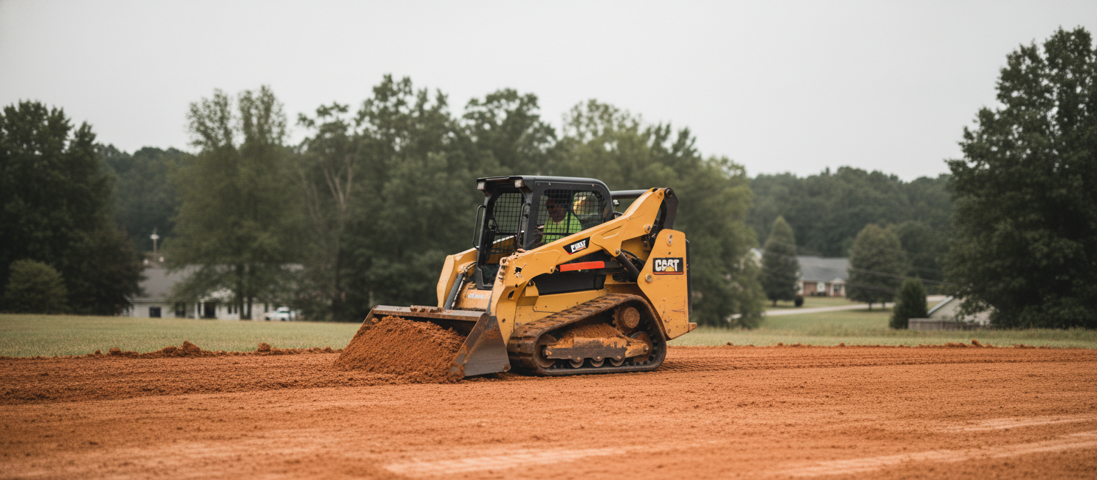 NC grading contractor near me operating a track loader on red-clay residential lot