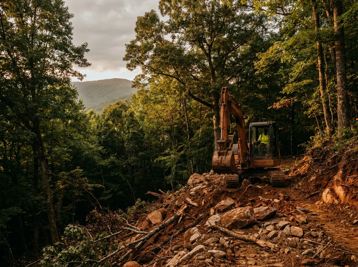 Tracked excavator clearing storm-damaged rock and red clay on a steep Western NC mountain driveway, Appalachian ridgeline visible through hardwoods at golden hour.
