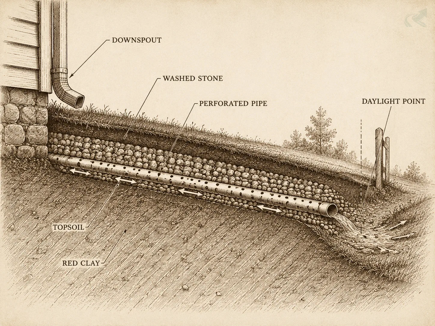 Field-guide cross-section of a French drain: a perforated pipe in washed stone slopes from a downspout to a daylight point at a swale on the property line, set above topsoil and red clay layers