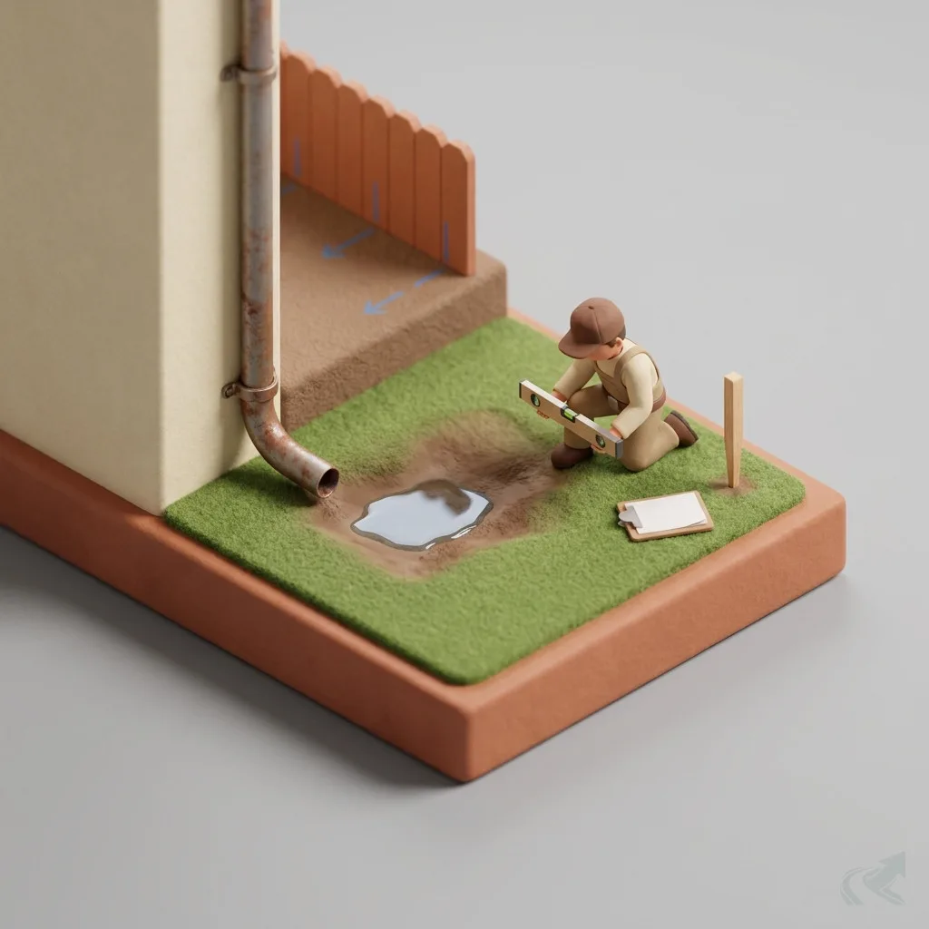 Isometric illustration of a contractor kneeling with a level at a standing-water low spot, checking a downspout discharge and uphill-neighbor runoff before proposing a fix