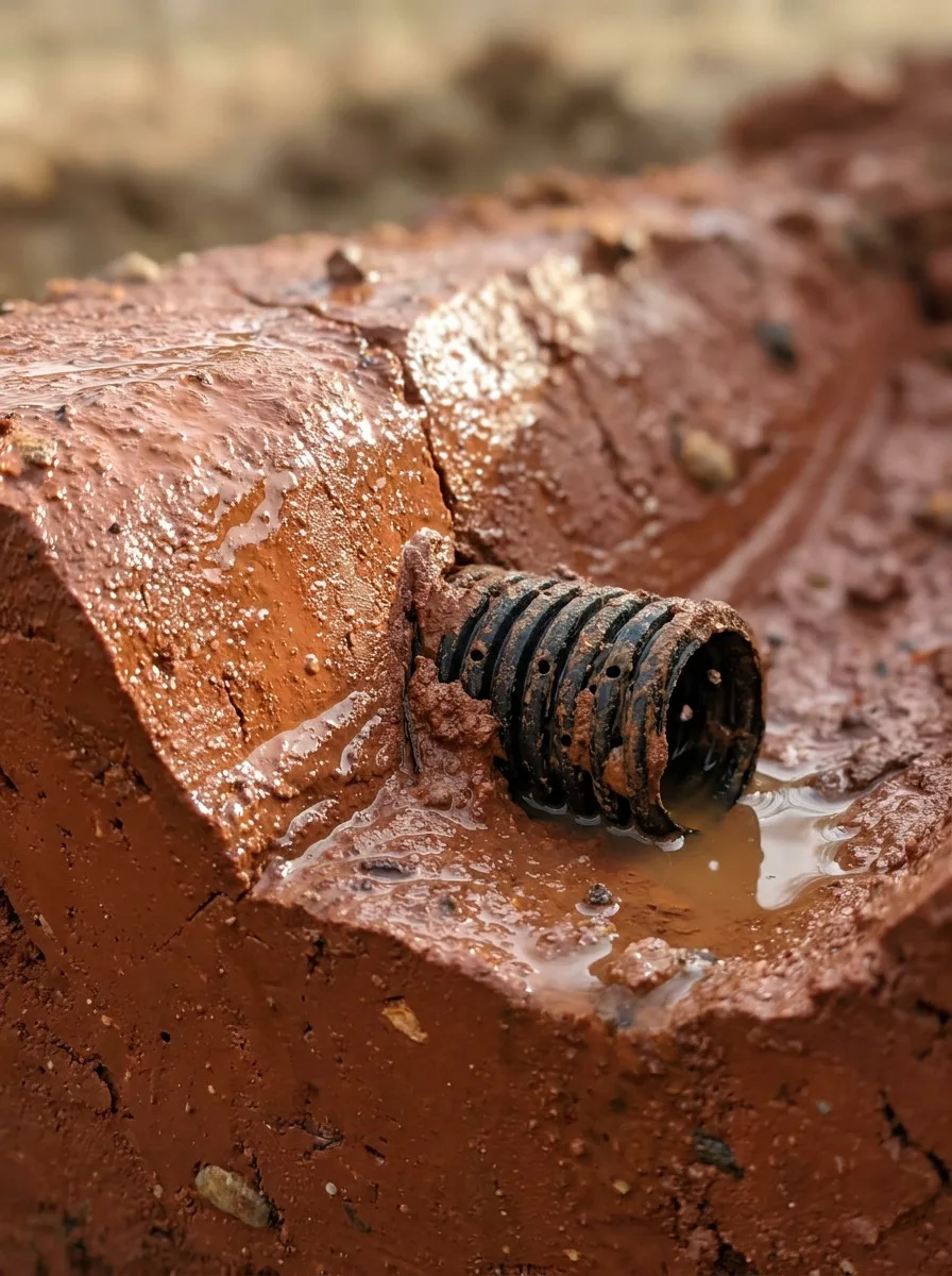 Macro photo of wet NC red clay with water pooled on its surface and a perforated corrugated drain pipe clogged with clay, showing water that cannot pass through the soil