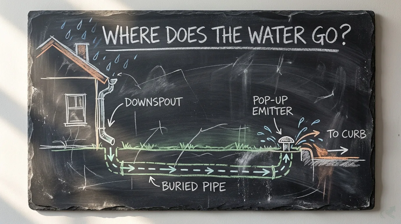 Chalkboard sketch titled Where Does the Water Go showing rain hitting a roof, down a downspout, through a buried pipe, to a pop-up emitter discharging at the curb