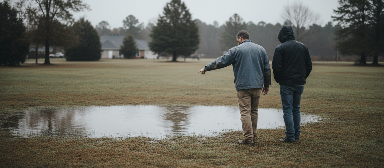 NC yard drainage contractor assessing soggy standing water low spot with homeowner