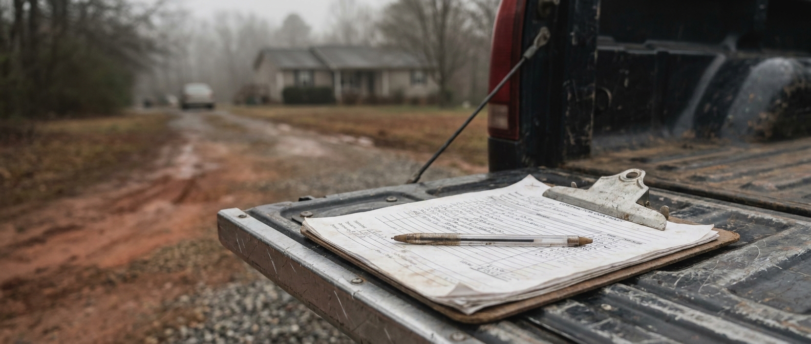 NC grading contractor vetting checklist on a clipboard at a residential job site