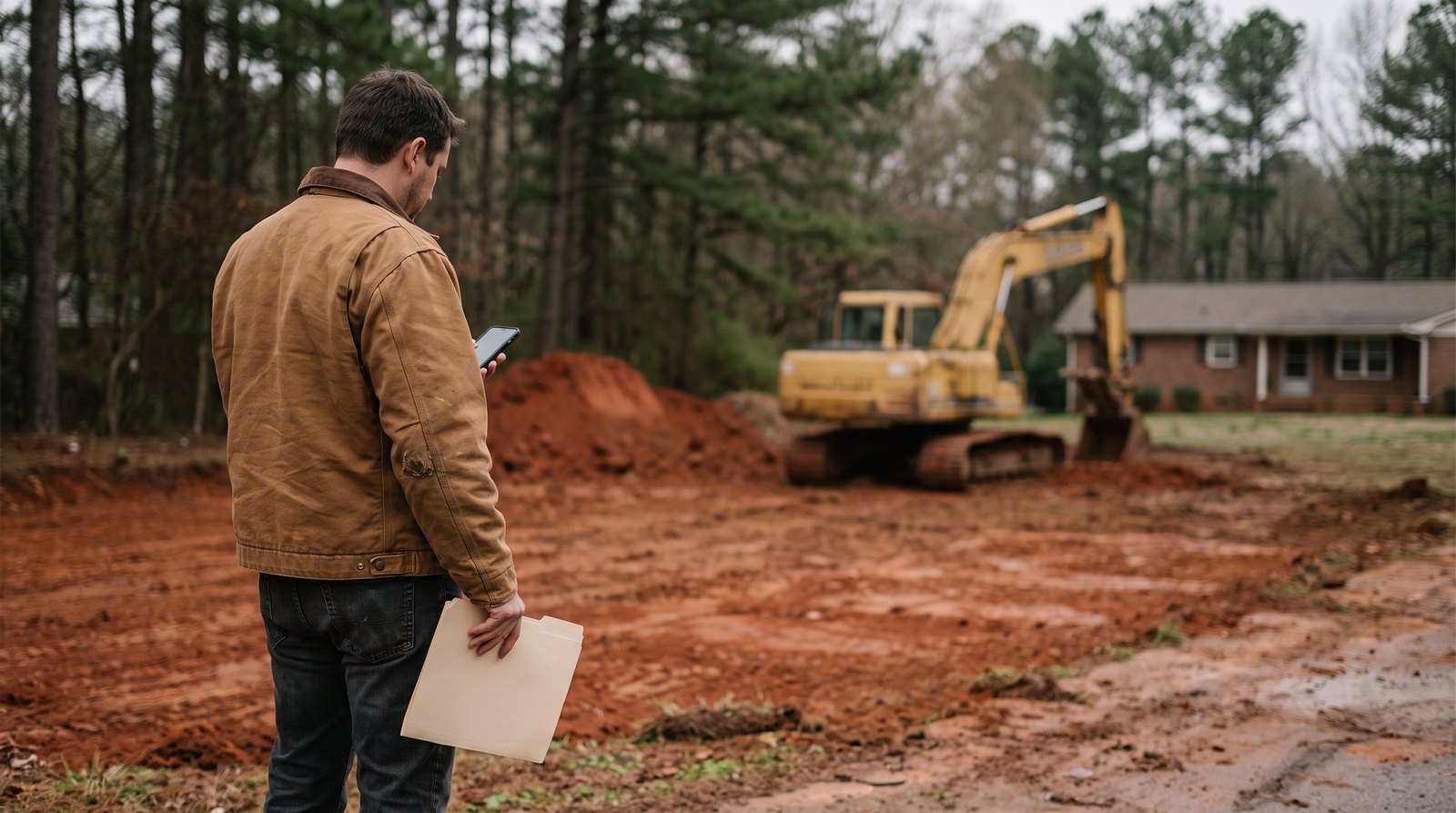 A homeowner in a work jacket stands at the edge of a freshly graded red-clay yard, a folder under one arm and a phone in hand, with an excavator parked behind him.