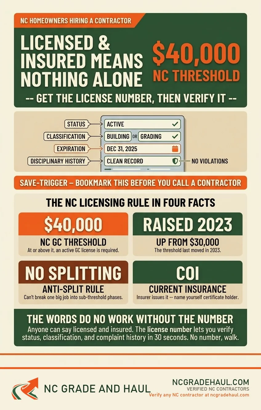 NC Grade and Haul infographic: Licensed and insured means nothing alone. The NC general contractor license threshold is $40,000, raised from $30,000 in 2023. A contractor cannot split one big job into sub-threshold phases to dodge the rule. Ask for a current Certificate of Insurance naming you as certificate holder. The words do no work without the license number -- it lets you verify status, classification, and complaint history in 30 seconds.